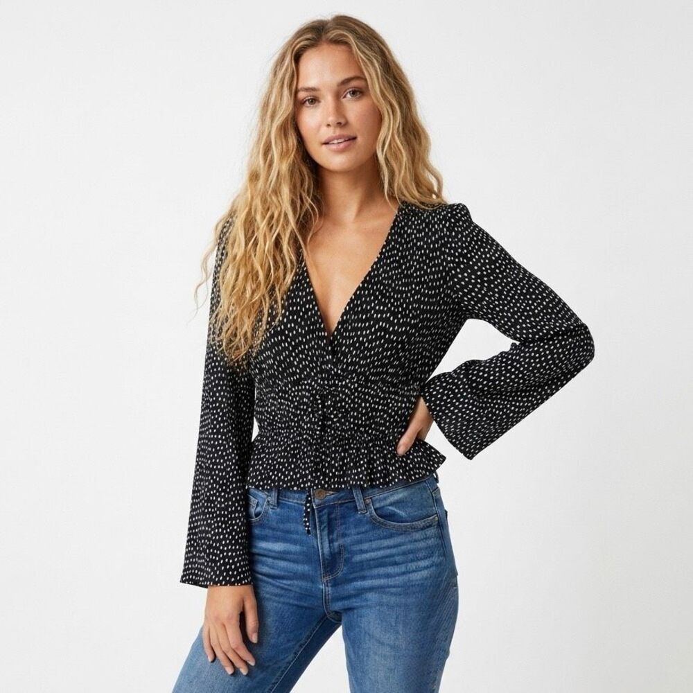 Zara Black Polka Dot Pleated Peplum Top Small Twee Parisian French Girl Coquette